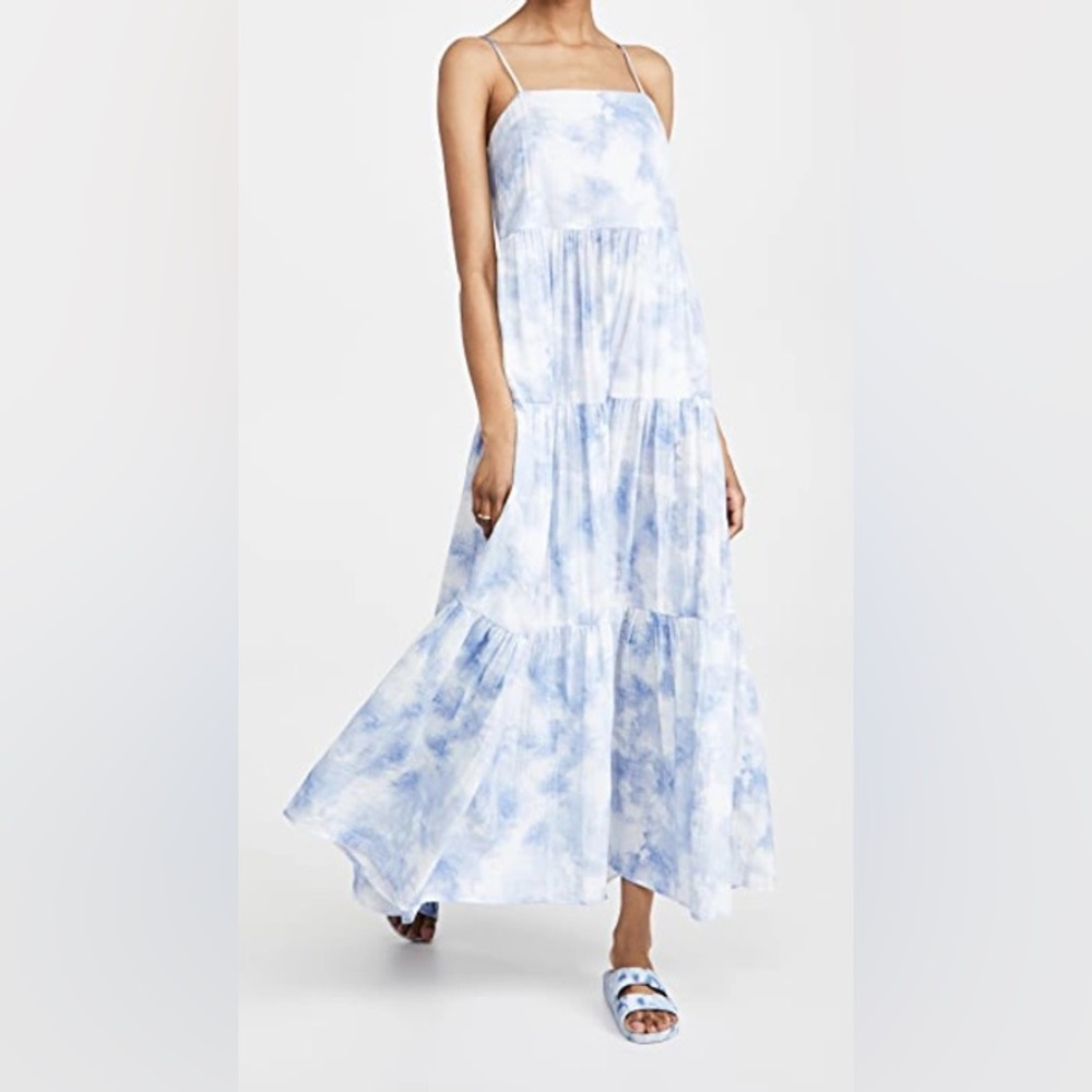 JONATHAN SIMKHAI Organic Cotton Blue & White Tiered Maxi Dress Flowy Sundress